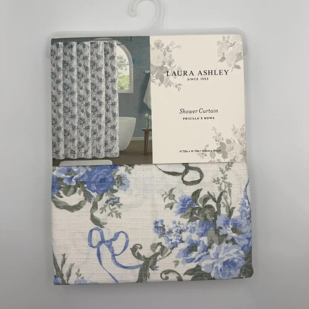 Laura Ashley Pricilla's Bows Shower Curtain Floral Cottagecore Blue White 72x72